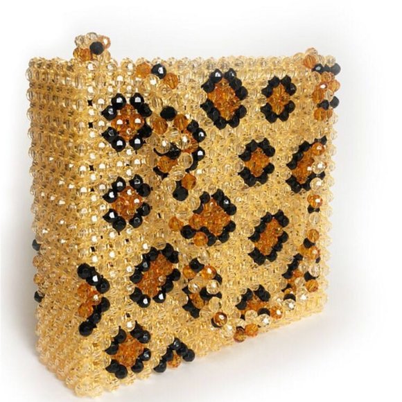 Leopard printing pearl beaded bag handwoven single main image 5